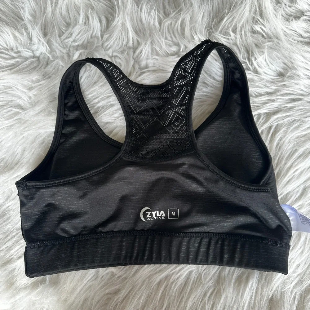 Zyia Active Sports Bra Black Space Dye Laser Cut Mesh Racerback Active Sz Medium